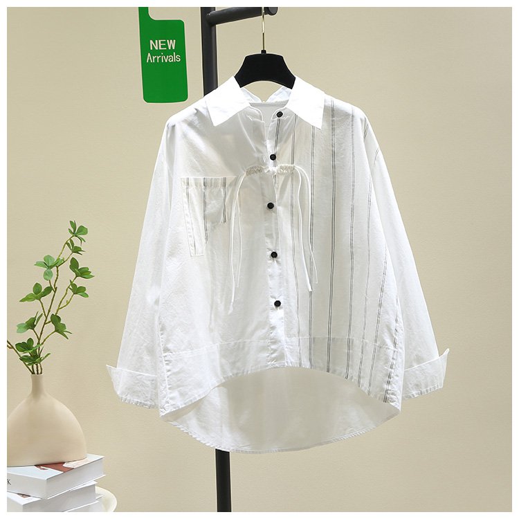 Long-Sleeved - レディース トップス シャツ 長袖 ポロカラー 裾ワイド リボン薄手 シンプル カジュアル ラフ 無地 ストライプ ロングシーズン 通勤 通学 お出かけ アウトドア 旅行 定番 ゆる フリーサイズ