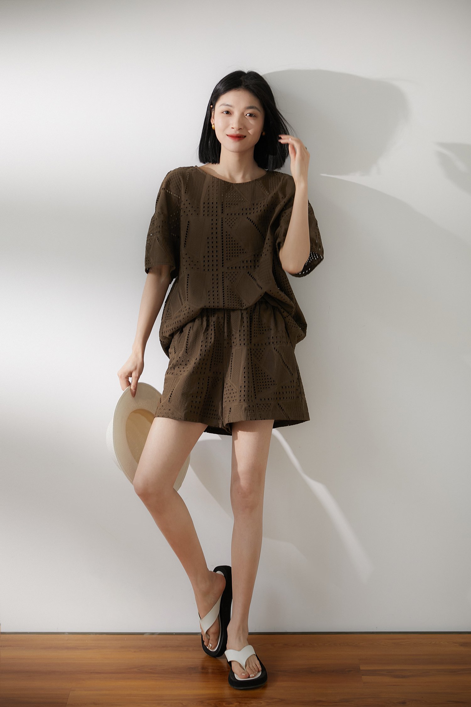 レディース スーツ ショート 半袖 ラウンドネック セパレート 編み上げ 綿 きれいめ シンプル 上品 おしゃれ かっこいい ラフ 個性的 デート 旅行 海 楽ちん 着回し ブラウン