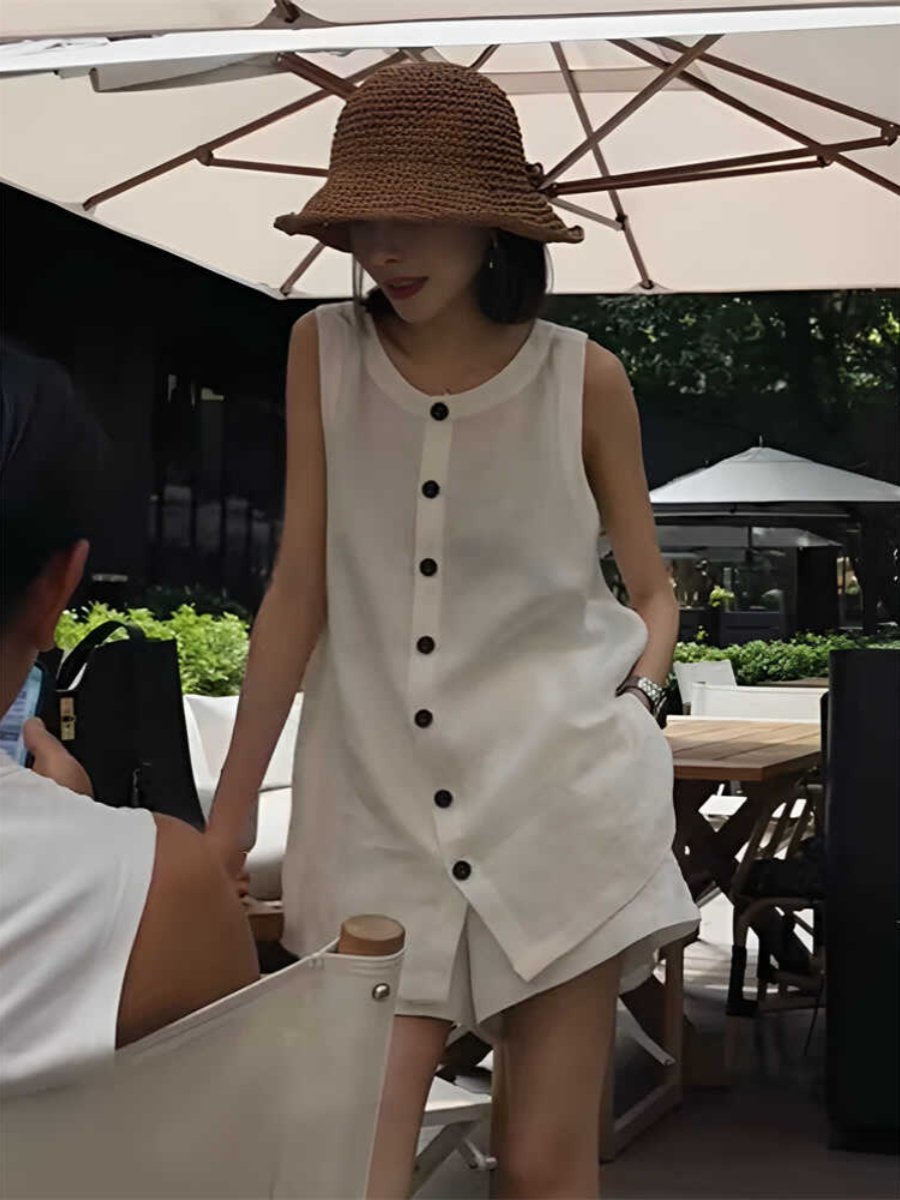 レディース スーツ ショート ノースリーブ ラウンドネック セパレート ボタン きれいめ 上品 おしゃれ かっこいい レトロ 無地 格子柄 デート お出かけ リゾート 旅行 海 普段使い 着回し