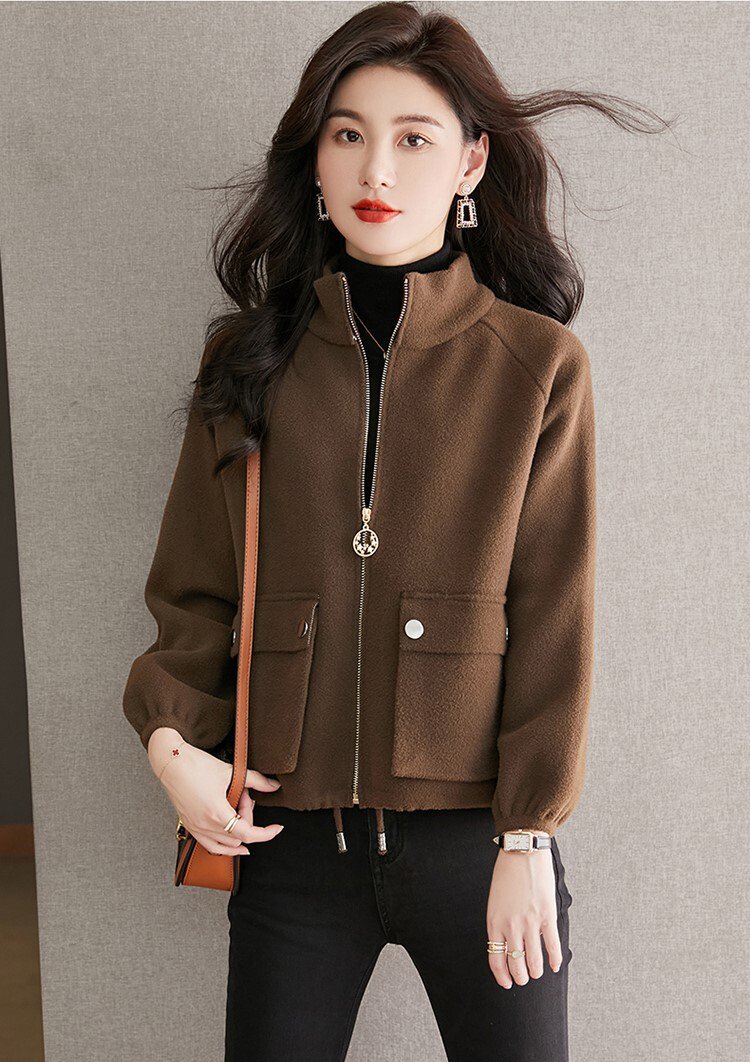 Nylon, Rayon, Polyester - レディース トップス カーディガン アウター 羽織 前開き ジップ 長袖 スタンドカラー ふわふわ ファスナー ポケット 大人可愛い シンプル カジュアル おしゃれ 無地 秋 冬 ブラック ブラウン