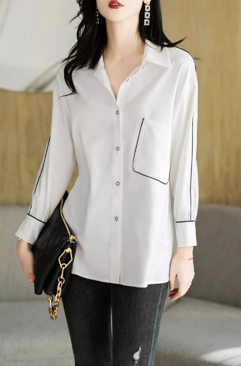 Long-Sleeved - レディース トップス シャツ ブラウス 長袖 襟付き ラインデザイン ポケット ボタン 薄手 大人可愛い きれいめ シンプル 上品 おしゃれ 無地 夏 M L XL 2XL 3XL 4XL ホワイト