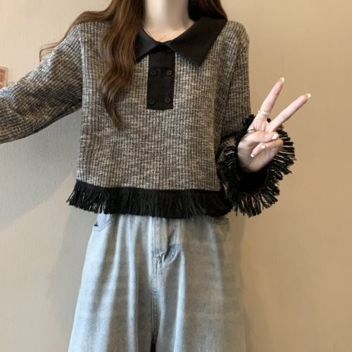 レディース トップス ニット 長袖 フレアスリーブ 萌袖 ポロカラー スリム 細身 ハイウエスト 綿 かわいい 大人可愛い カジュアル おしゃれ ラフ エレガント 存在感 秋 通勤 通学 デート お出かけ 休日 体型カバー インスタ映え ゆったり ゆる 2