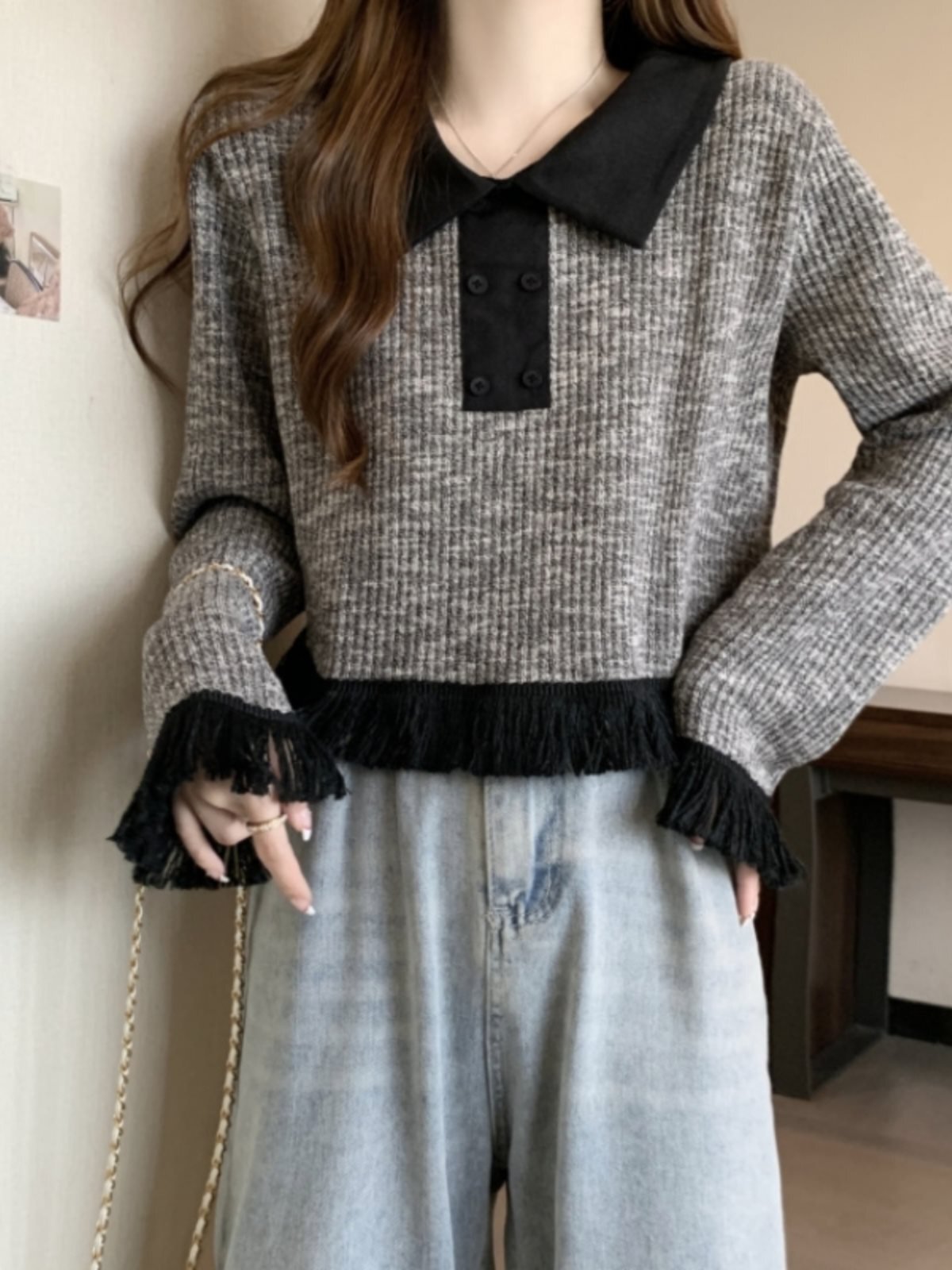 レディース トップス ニット 長袖 フレアスリーブ 萌袖 ポロカラー スリム 細身 ハイウエスト 綿 かわいい 大人可愛い カジュアル おしゃれ ラフ エレガント 存在感 秋 通勤 通学 デート お出かけ 休日 体型カバー インスタ映え ゆったり ゆる 3