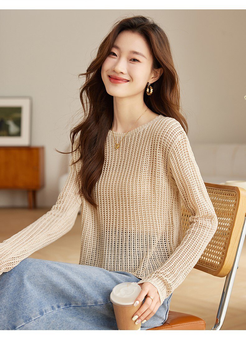 Crew Neck - レディース トップス ニット セーター 長袖 クルーネック 編み込み メッシュ 透かし編み 重ね着 大人可愛い 上品 おしゃれ 存在感 抜け感 M L XL 2XL ホワイト ブラック カーキ