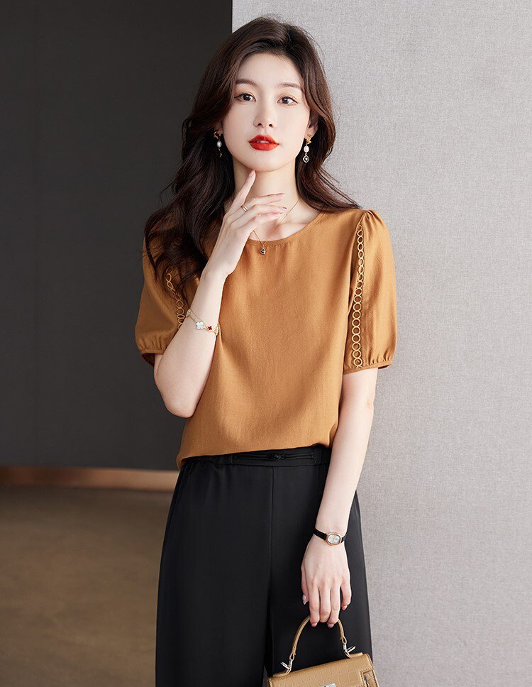 レディース トップス シャツ ブラウス プルオーバー 長袖 ラウンドネック 薄手 かわいい 大人可愛い きれいめ シンプル 上品 おしゃれ こなれ感 M L XL 2XL ホワイト ブラウン ブルー