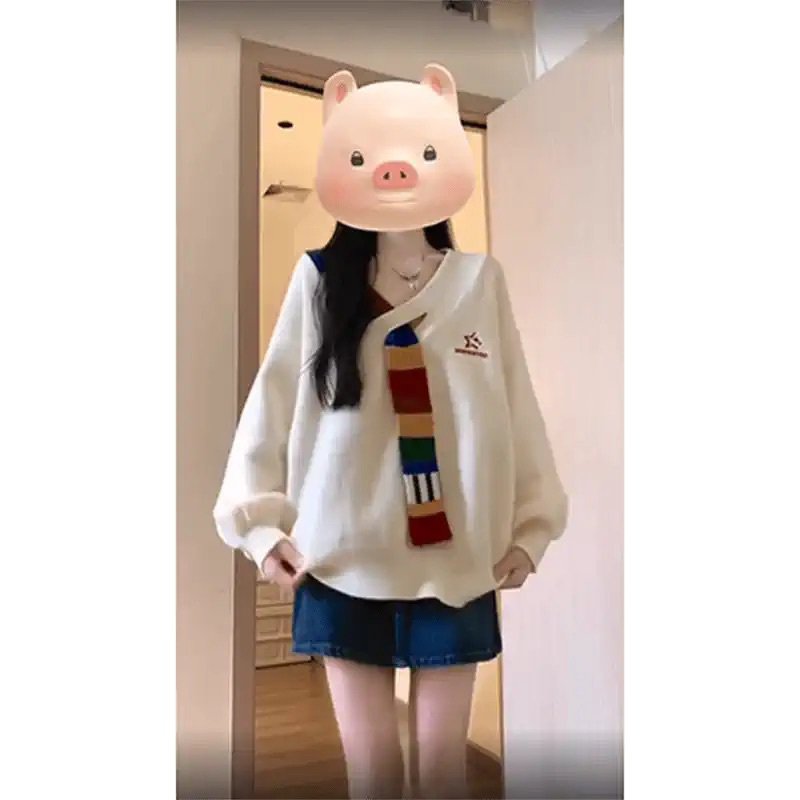 レディース トップス ニット セーター 長袖 パフスリーブ Vネック ネクタイ付き 刺繍 配色 中厚手 ニッ..