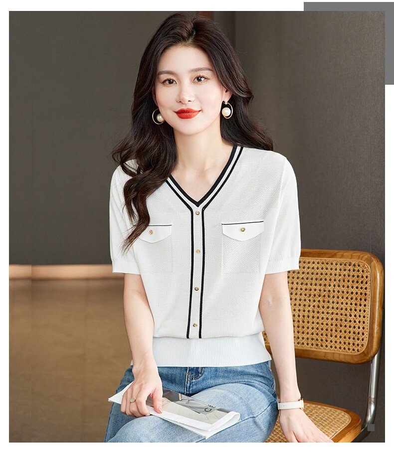 V-Neck - レディース トップス ニット セーター 半袖 Vネック ポケット ボタン 大人可愛い きれいめ 上品 おしゃれ 無地 夏 M L XL 2XL 3XL 4XL ホワイト ブラック カーキ ネイビー
