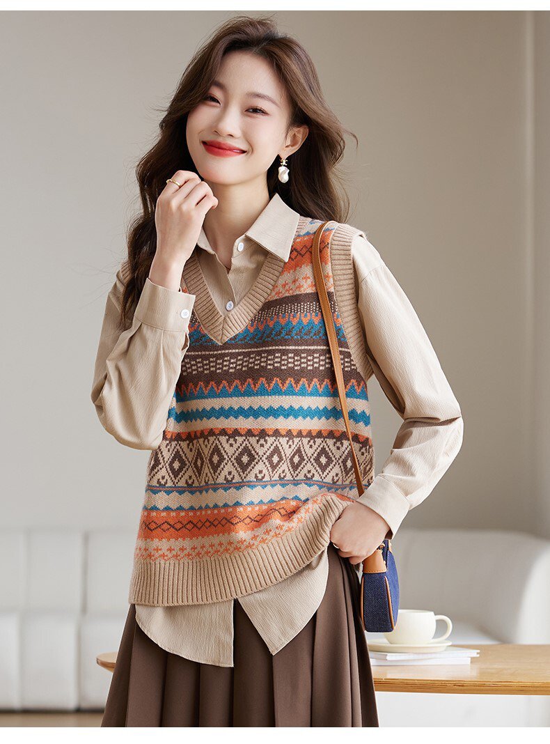 V-Neck - レディース トップス ニット セーター ベスト ノースリーブ Vネック かわいい 大人可愛い カジュアル おしゃれ カラフル ボーダー 存在感 M L XL 2XL ブラウン