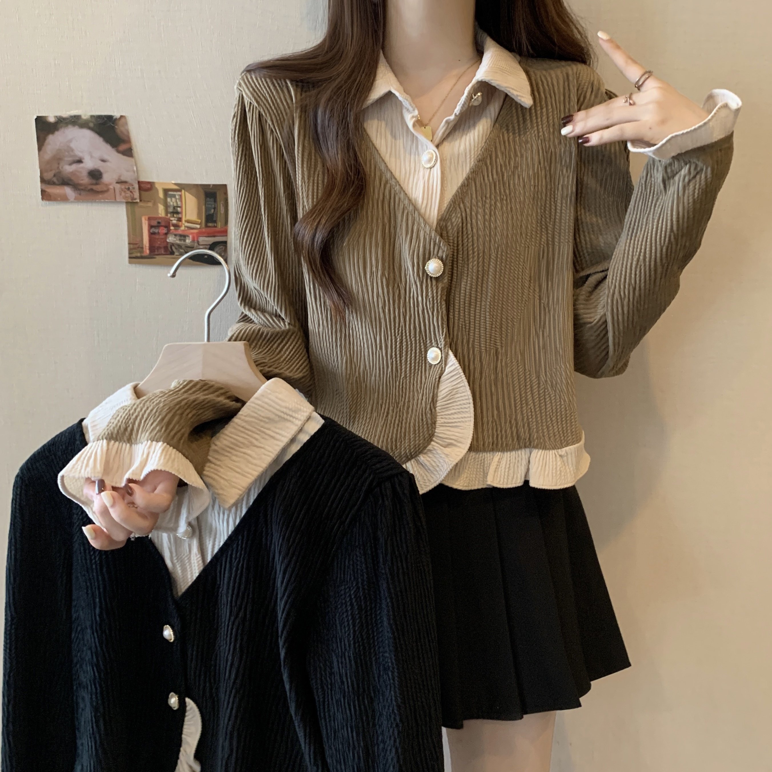 レディース トップス 長袖 萌袖 フリル袖 ポロカラー リブニット ボタン 切り替えデザイン バイカラー ..