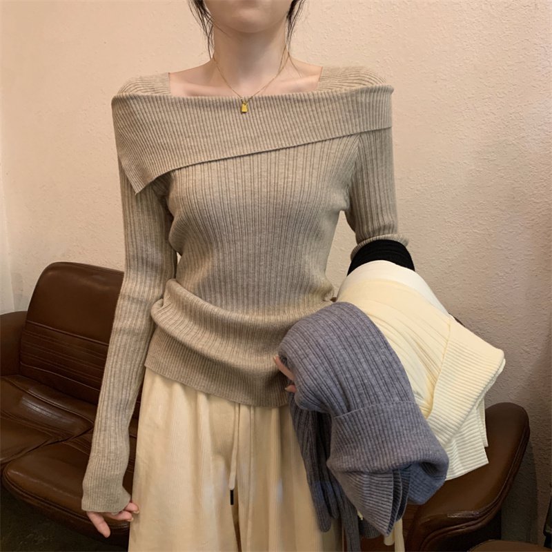 Boat Neck - レディース トップス ニット 長袖 萌袖 ボートネック ワンショルダー スリム 細身 フェミニン リブニット かわいい 大人可愛い きれいめ 上品 おしゃれ ラフ ガーリー 抜け感 無地 春 秋 冬 OL 通勤 学生 デート お出かけ 体型カバー 着回し
