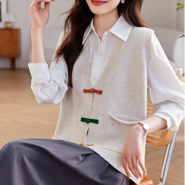 V-Neck - レディース トップス ニット ベスト 袖なし ノースリーブ Vネック ポケット 前開き ボタン 大人可愛い シンプル 無地 春 秋 お出かけ 旅行 M L XL 2XL 3XL アプリコット グリーン