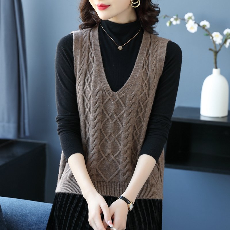 V-Neck - レディース トップス ニット プルオーバー ベスト 袖なし ノースリーブ Vネック ケーブルニット 上品 春 秋 お出かけ 重ね着 普段使い 着回し M L XL 2XL ピンク アプリコット キャメル