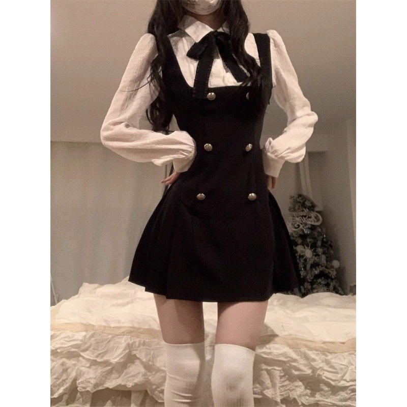 レディース ワンピース シャツワンピ ミニ ショート 長袖 襟付き ポロカラー りぼんタイ スリム Aライン プリーツ リボン ボタン かわいい カレッジ風 ロマンティック 春 夏 学生 通学 デート 体型カバー