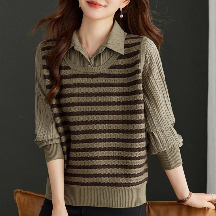 Long-Sleeved - レディース トップス シャツ ニット ベスト 長袖 襟付き カジュアル ボーダー 秋 冬 お出かけ 旅行 ショッピング レイヤード M L XL 2XL 3XL 黒 ブラック ブラウン ベージュ カーキ