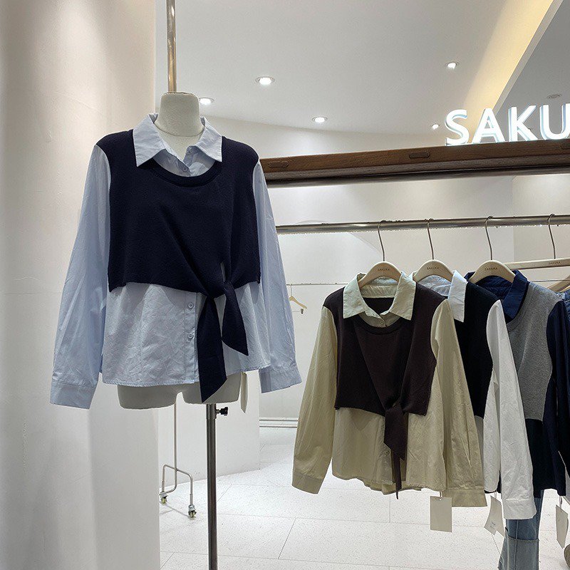 Sleeveless - レディース トップス ブラウス ニット ベスト 長袖 襟付き 大人可愛い きれいめ 上品 無地 秋 冬 ママ オフィス デート 重ね着 フリーサイズ ホワイト ブラック ブラウン ブルー 秋カラー