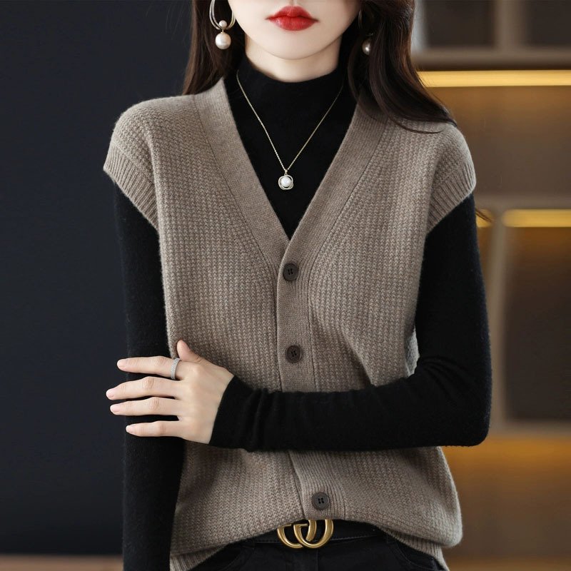 V-Neck - レディース ニット ベスト Vネック 前開き ボタン 大人可愛い カジュアル 無地 秋 冬 デート 旅行 ショッピング 普段使い M L XL 2XL 茶色 ブラウン オフホワイト 緑 グリーン キャメル