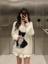 レディース トップス セーター 長袖 Uネック リボン もこもこ ふわふわ フェイクファー 中厚手 かわいい 主役級 存在感 ラブリー キュート 猫 秋 冬 デート お出かけ ゆったり(4)