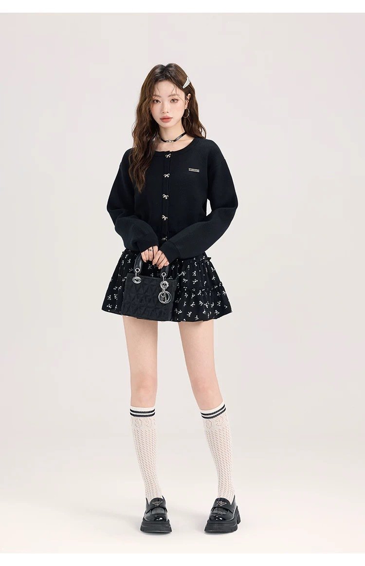 Women's Skirt Bottoms Set - Gathered Skirt, Mini Skirt, Knee-Length, A-Line, Pleated, Ribbon, Cute, Girly, Romantic, All-Over Print, Ribbon Pattern, Autumn, Student, School, Outing, Black
