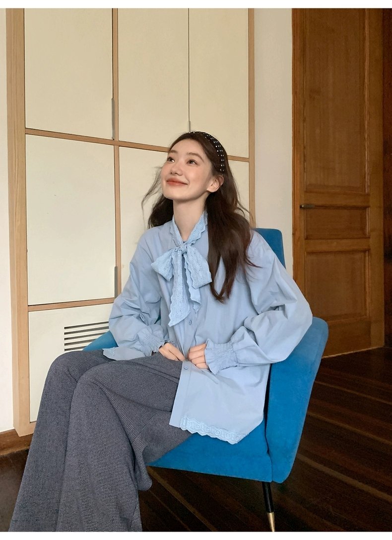 Long-Sleeved - レディース トップス シャツ 長袖 ワイド 刺繍 リボン パフスリーブ ラウンドネック ボタン 薄手 大人可愛い きれいめ おしゃれ 無地 ポリエステル 春 夏 秋 オフィス 通勤 ホワイト ブルー