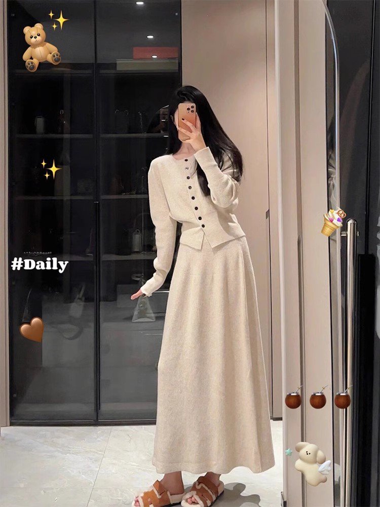 レディース セットアップ ロング 長袖 2way ボタン シンプル カジュアル ラフ 無地 ロングシーズン 通学 デート お出かけ 旅行 休日 普段使い 着回し カーキ