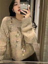 レディース セーター 長袖 ラウンドネック スパンコール ニット かわいい 大人可愛い おしゃれ こなれ感 とろみ感 秋 冬 女子会 休日 重ね着 韓国 コーデ 暖かい 防寒 体型カバー 普段使い 着回し