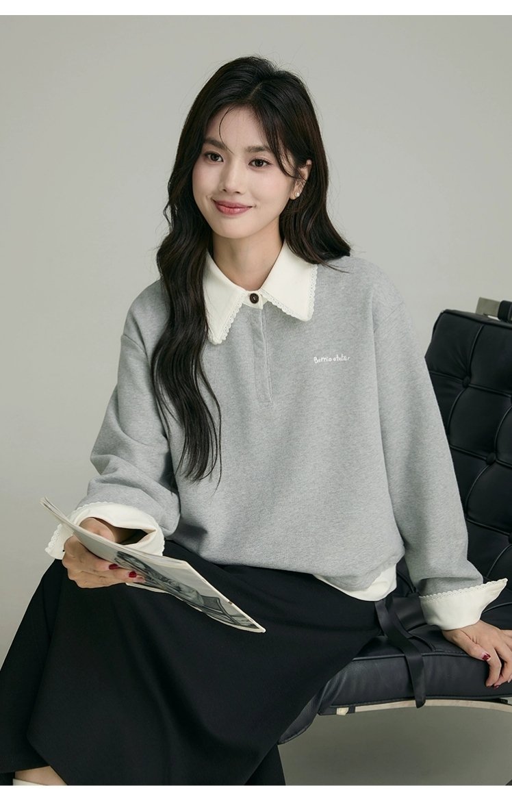 レディース トップス スウェット 長袖 襟付き 中厚手 ワイド 刺繍 レイヤードスタイル 大人可愛い シンプル カジュアル 暖かい ポリエステル 無地 春 秋 冬 通勤 お出かけ