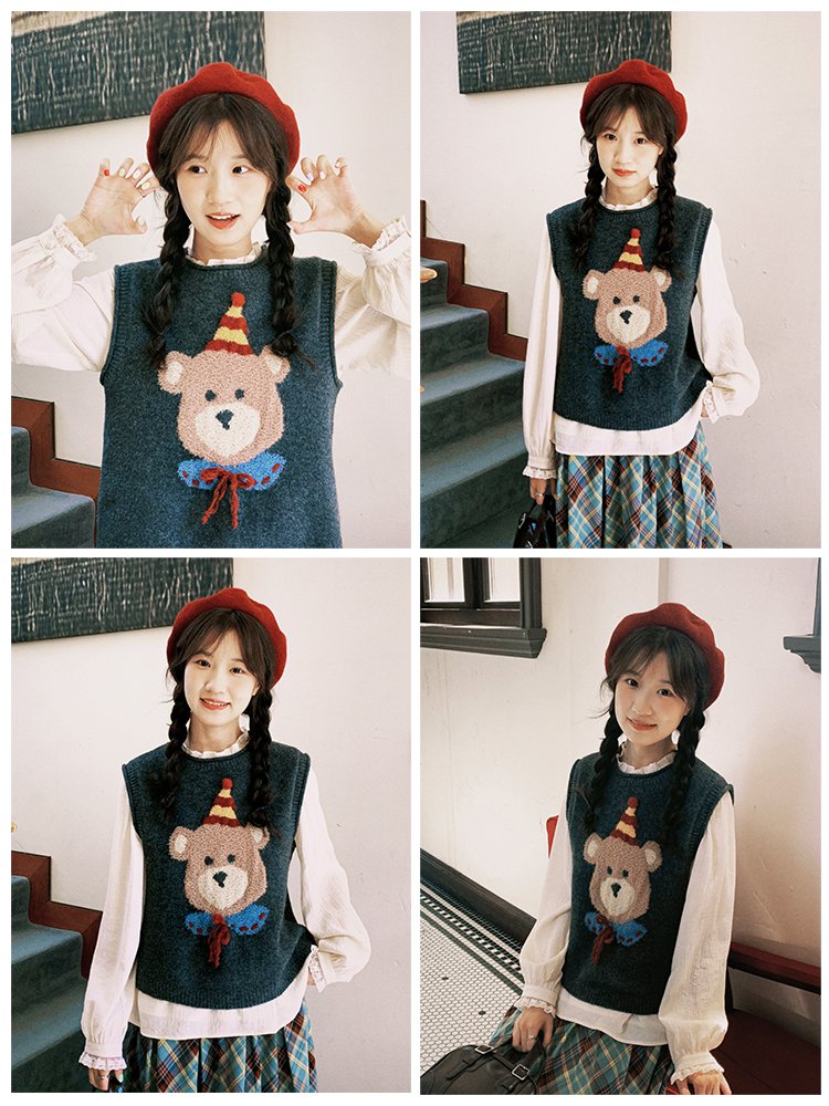 Long-Sleeved Knit - レディース トップス ニット セーター 袖なし ノースリーブ ラウンドネック フェミニン ふわふわ 伸縮性 厚手 ストレッチ かわいい カジュアル ラフ ガーリー くま柄 アニマル柄 秋 学生 学校 通学 お出かけ