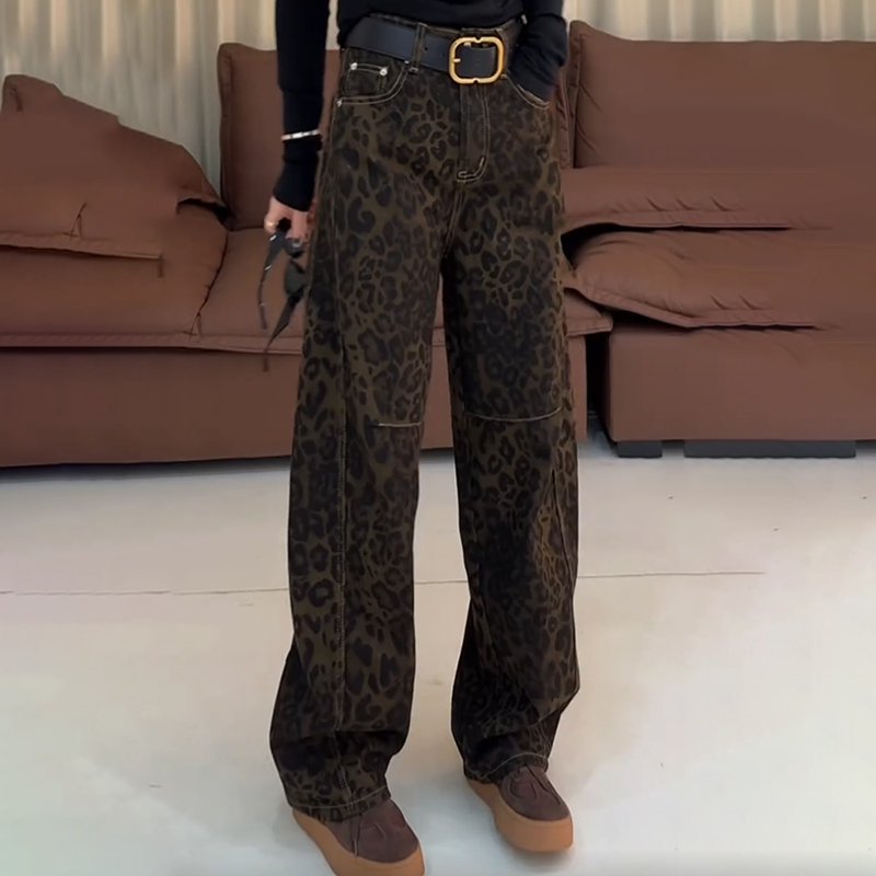 Jeans, Denim - レディース パンツ デニム ストレートパンツ 膝下 ロング ワイド ストレート ファスナー 中厚手 カジュアル かっこいい こなれ感 ラフ メンズライク ボーイッシュ 個性的 レオパード アニマル柄 秋