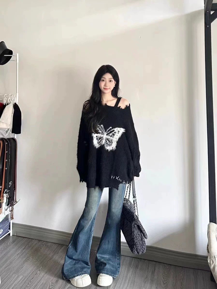 レディース トップス セーター プルオーバー 丈長 長袖 萌袖 ワンショルダー オーバーサイズ ダメージ 中厚手 ニット カジュアル かっこいい ラフ 抜け感 無地 ステッチ 蝶 秋 冬 楽ちん ゆったり