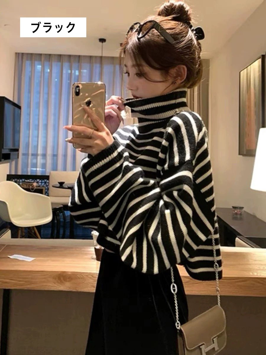 Turtleneck - レディース トップス ニット セーター ショート 長袖 萌袖 ハイネック ワイド オーバーサイズ リブ 中厚手 リブニット カジュアル おしゃれ ラフ ガーリー ストライプ 秋 冬 ホワイト ブラック
