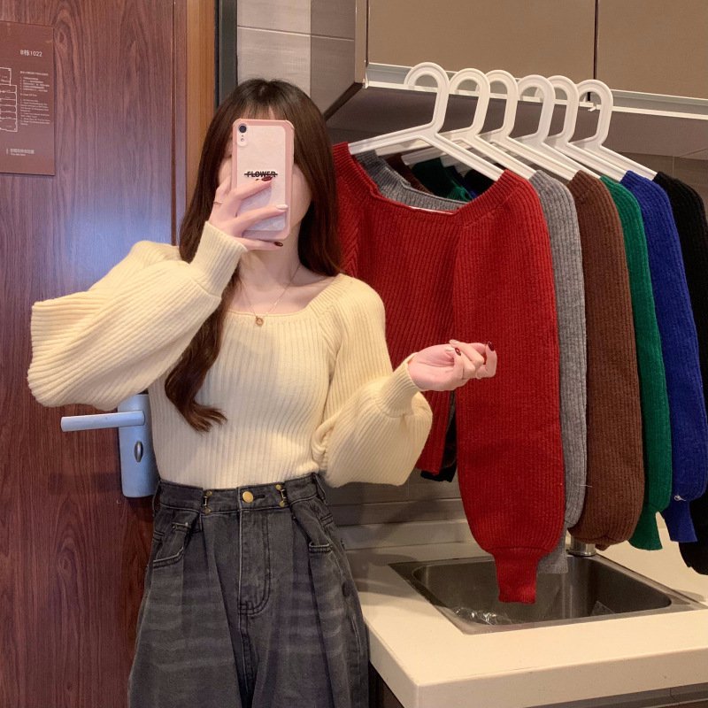 Square Neck - レディース トップス ニット 長袖 パフスリーブ 萌袖 スクエアネック スリム 細身 フェミニン リブ かわいい 大人可愛い きれいめ シンプル カジュアル 上品 こなれ感 ラフ 抜け感 ナチュラル 無地 春 秋 通勤 お出かけ 普段使い 着回し 定番