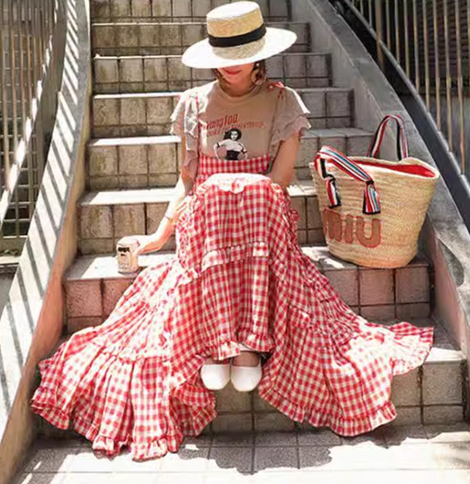 スカート ボトムス レディース ティアード ロング マキシ ティアードスリーブ フェミニン フリル リネン 綿 コットン 麻 ガーリー ラブリー キュート アメリカン カントリー ロマンティック ナチュラル 格子柄 ギンガムチェック 春 夏 ママ 学生 デート お出かけ リゾート