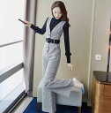 ボトムス オールインワン レディース ワイドパンツ ロング フルレングス Vネック ワイド ストレート フェミニン ベルト ウエストマーク 中厚手 きれいめ 上品 おしゃれ レトロ モード系 エレガント 主役級 存在感 クラシカル 秋 冬 授業参観 オフィス ビジネス OL 学生(4)