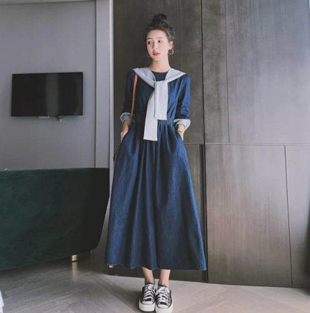 ワンピース レディース デニム ドレス ミモレ 長袖 ラウンドネック Aライン フェミニン ハイウエスト ブルーデニム 中厚手 大人可愛い きれいめ シンプル カジュアル 上品 おしゃれ かっこいい ガーリー 主役級 存在感 キュート クラシカル アメリカン カントリー ナチュラル