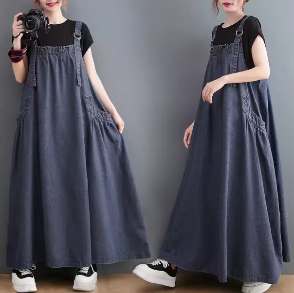スカート ボトムス サロペット レディース デニム ドレス ロング マキシ 袖なし ノースリーブ 襟なし Aライン 薄手 シンプル カジュアル おしゃれ かっこいい こなれ感 ラフ ガーリー 個性的 主役級 存在感 ラブリー キュート アメリカン カントリー ナチュラル 無地 夏 ママ