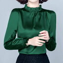 トップス シャツ ブラウス レディース 長袖 スタンドカラー スリム 細身 フェミニン プリーツ タック フリル 薄手 きれいめ 上品 おしゃれ かっこいい エレガント 主役級 存在感 浴衣風 都会的 無地 秋 母の日 授業参観 会議 ミーティング OL 学生 デート お出かけ イベント