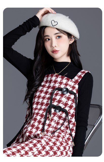 レディース ワンピース サロペット セットアップ 長袖 ラウンドネック フレア フェミニン かわいい シンプル カジュアル おしゃれ チェック 秋 冬 お出かけ 女子会 休日 重ね着 暖かい 防寒 着回し S M L XL レッド