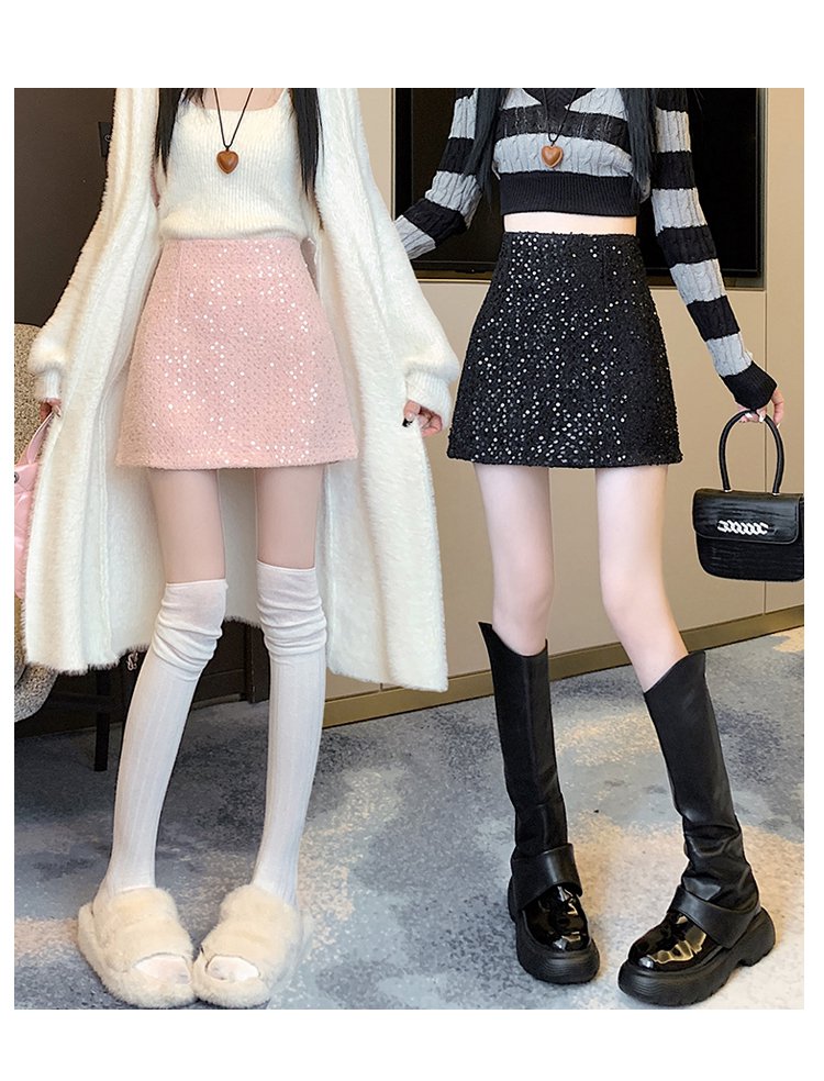 レディース スカート ミニ タイト Aライン ファスナー ハイウエスト スパンコール かわいい カジュアル ガーリー 主役級 存在感 キュート 無地 秋 冬 デート イベント 休日 ショッピング ライブ お揃い 脚長