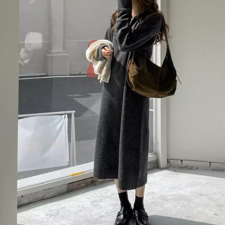 スカート ワンピース ニット セーター プルオーバー レディース ニットワンピ ニットスカート ロングスカート ミモレ 長袖 萌袖 Vネック 襟付き ワイド もこもこ ふわふわ ふっくら 伸縮性 かわいい 大人可愛い きれいめ シンプル カジュアル 上品 おしゃれ かっこいい