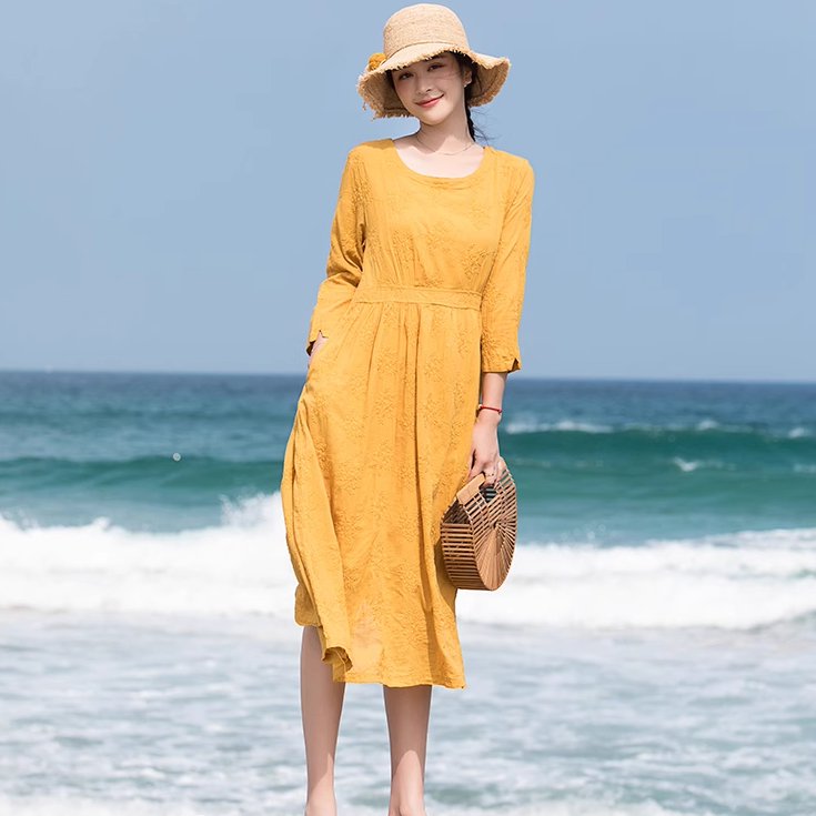 スカート ワンピース プルオーバー ドレス レディース ミモレ 7分袖 ラウンドネック 襟なし ノーカラー..