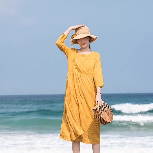 スカート ワンピース プルオーバー ドレス レディース ミモレ 7分袖 ラウンドネック 襟なし ノーカラー Aライン フェミニン ハイウエスト 薄手 かわいい 大人可愛い きれいめ シンプル カジュアル 上品 おしゃれ かっこいい レトロ アジアン こなれ感 ラフ ルーズ 個性的