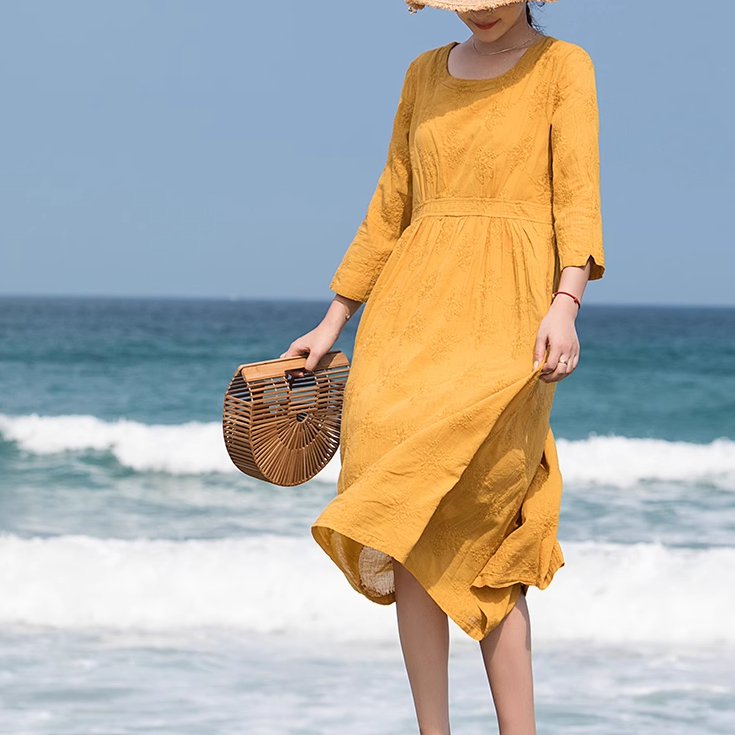 スカート ワンピース プルオーバー ドレス レディース ミモレ 7分袖 ラウンドネック 襟なし ノーカラー Aライン フェミニン ハイウエスト 薄手 かわいい 大人可愛い きれいめ シンプル カジュアル 上品 おしゃれ かっこいい レトロ アジアン こなれ感 ラフ ルーズ 個性的