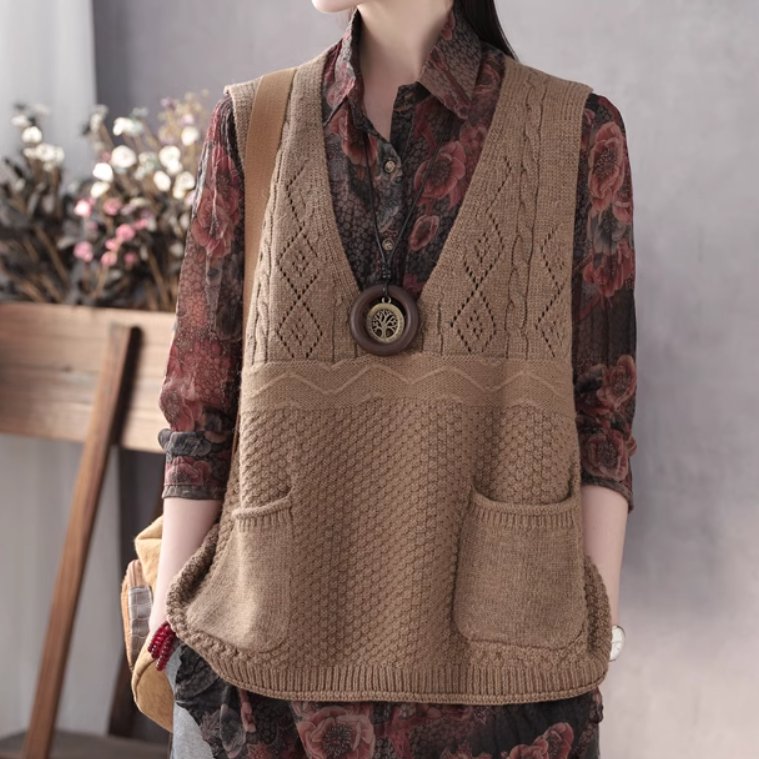 V-Neck - トップス ニット セーター プルオーバー ベスト レディース 袖なし ノースリーブ Vネック 襟なし ノーカラー ふわふわ ポケット 薄手 伸縮性 かわいい 大人可愛い きれいめ シンプル カジュアル 上品 おしゃれ レトロ アジアン こなれ感 ラフ ルーズ 個性的 主役級 存在感