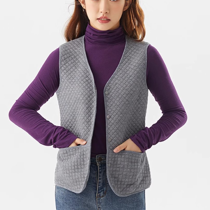 トップス ベスト インナー レディース 袖なし ノースリーブ Vネック 襟なし ノーカラー スリム ストレート ふっくら ポケット ボタン ..