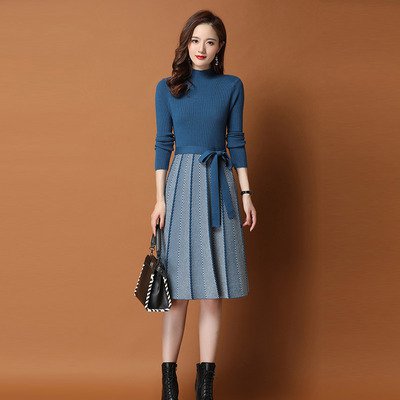 ワンピース ミディアム丈ワンピース 長袖 ハイネック 切り替えデザイン ウエストリボン プリーツスカート かわいい 大人可愛い きれいめ シンプル カジュアル 上品 おしゃれ かっこいい 大人女子 こなれ感 個性的 ラフ 主役級 存在感 キュート ナチュラル ベーシック