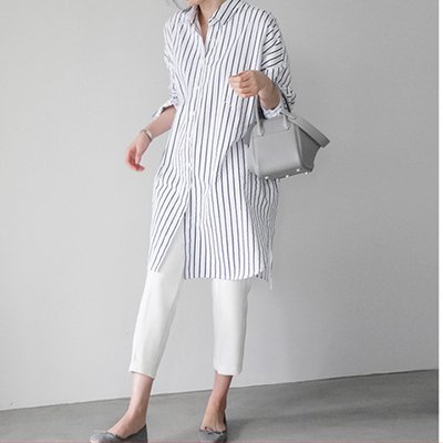 Long-Sleeved - トップス シャツ ミディアム丈 長袖 襟付き 前開き ボタン かわいい 大人可愛い きれいめ シンプル 上品 おしゃれ かっこいい レトロ こなれ感 個性的 主役級 存在感 抜け感 オールシーズン キュート メンズライク クール ナチュラル ベーシック ストライプ柄 無地
