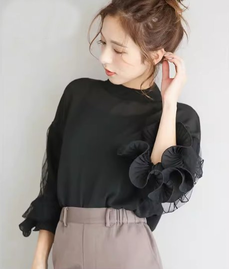 3-Quarter Sleeves - トップス シャツ ブラウス プルオーバー レディース 7分袖 フリル袖 襟付き シフォン フリル かわいい 大人可愛い きれいめ シンプル 上品 おしゃれ こなれ感 ラフ ガーリー 個性的 モード系 エレガント 主役級 存在感 ラブリー キュート 都会的 ベーシック ナチュラル 無地