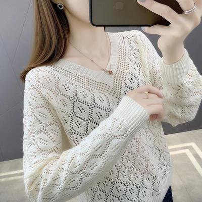 V-Neck - トップス セーター プルオーバー ミディアム丈 長袖 Vネック 透け感 透かし編み かわいい 大人可愛い きれいめ シンプル 上品 おしゃれ かっこいい レトロ こなれ感 個性的 主役級 存在感 抜け感 春 秋 冬 キュート ナチュラル ベーシック ガーリー 無地 レディース 女性用