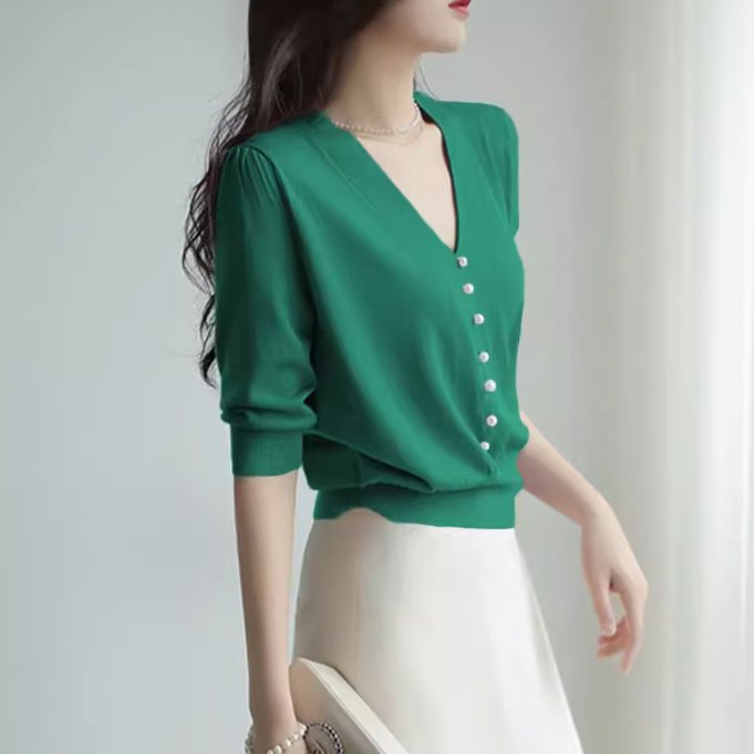V-Neck - トップス ニット セーター サマーセーター サマーニット レディース 半袖 Vネック 襟なし ノーカラー ふわふわ ふっくら 伸縮性 ボタン 薄手 かわいい 大人可愛い きれいめ シンプル カジュアル 上品 おしゃれ かっこいい レトロ アジアン こなれ感 ラフ ルーズ 個性的