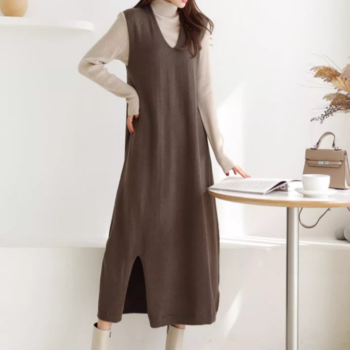 V-Neck - ワンピース ニット セーター プルオーバー ベスト つなぎ レディース ミモレ 袖なし ノースリーブ Vネック 襟なし ノーカラー ストレート スリット サイドスリット ふわふわ ふっくら 伸縮性 かわいい 大人可愛い きれいめ シンプル カジュアル 上品 おしゃれ かっこいい